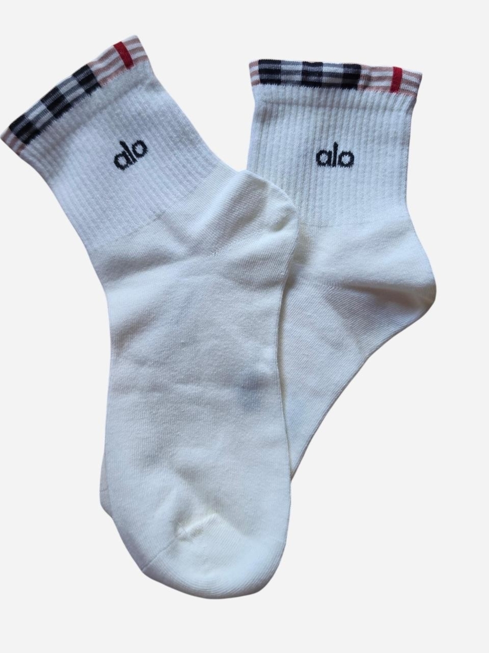 ALO Yoga White Crew Socks with Black and Red Stripe Cuff